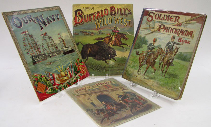 CHILDREN: The Soldier Panorama Book, (pop-up), New York: E. P. Dutton; A Peep At Buffalo Bill's Wild West (1887) and Story of The Firemen (1908), New York: McLoughlin; and Our Navy, London: Perry & Co. colored 