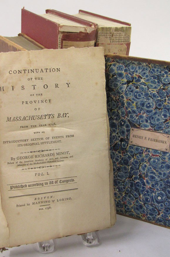EARLY AMERICAN HISTORY: (on 5): Barber, John W., Historical Collections...of Every Town in Massachusetts, illus. 200 engravings, fold-out colored map, Worcester: Dorr Howland, 1839, 1st ed., 8vo, full leather (rough edges); Minot, G