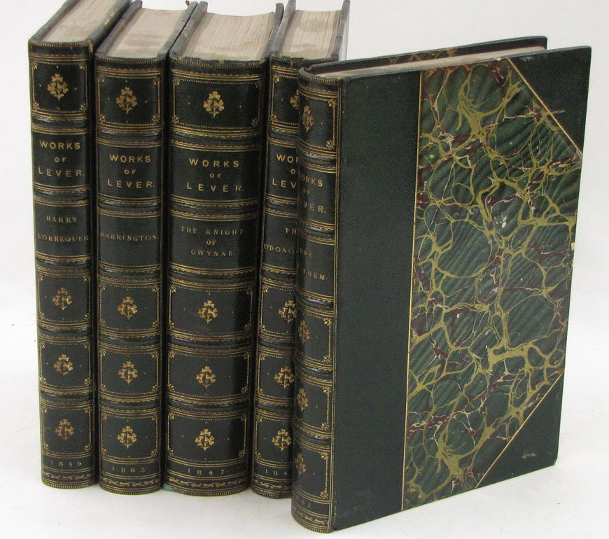 LITERATURE: (on 5) LEVER, CHARLES (1806-1872): Works of...., 5 vols., Harry L'Orrequer; Barrington; The Knight of Gwynne; The O'Donoghue; One of Them, illus. by Phiz, Dublin: Wm. Curry, 1839, three quarter green leather and green marbled boards, 8