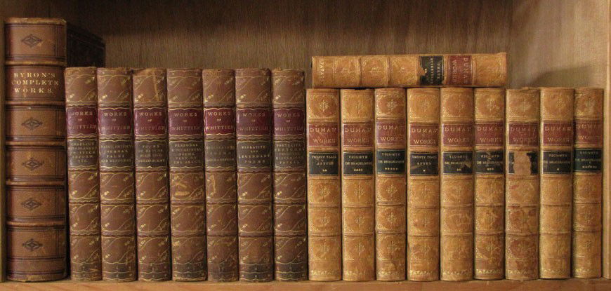 DECORATIVE BINDINGS: (on 18): Whittier, John Greenleaf, Works of Whittier, (7 vols.) 1889, Boston & New York: Houghton, Mifflin and The Riverside Press, three quarter leather with marbleized boards; The Works of Alexander Dumas (1