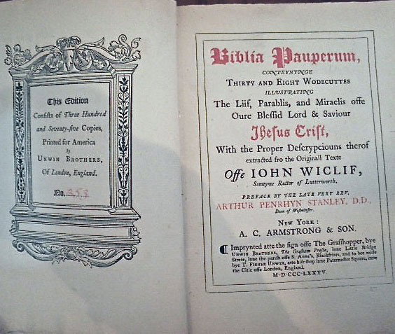 BIBLE: WYCLIFF, JOHN: Biblia Pauperum New York: A.C. Armstrong & Son, 1885 printed in Amoric, all plates intact