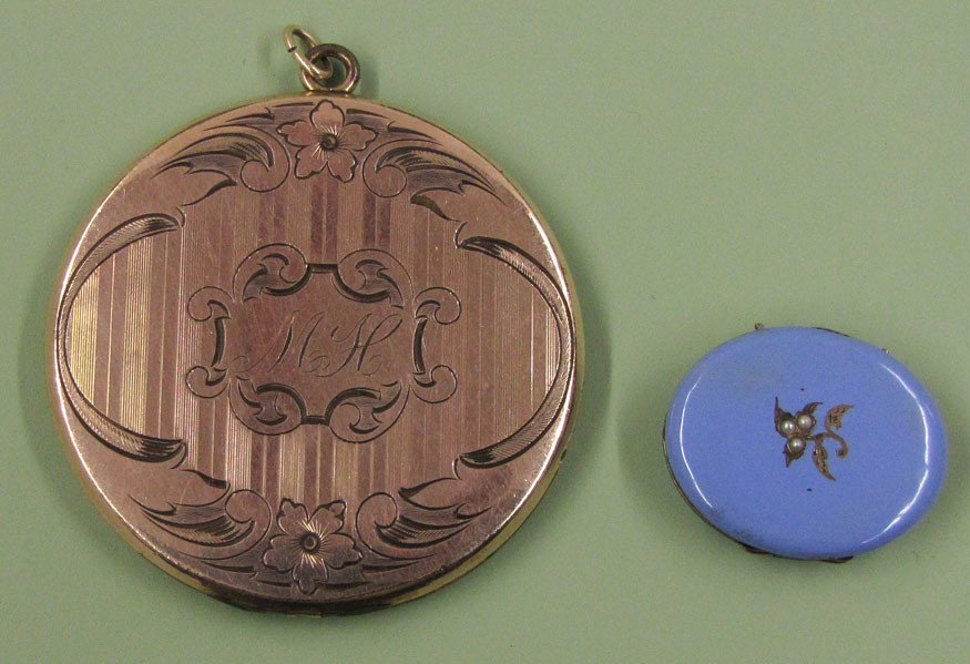 (on 2) ROUND ROSE GOLD LOCKET: engraved decoration with initials, MH; along with a small oval blue enamel gold locket Estate of M. Nelson, South Natick, MA