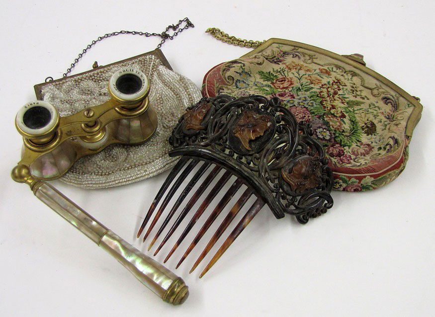 (on 4) LOT OF VARIOUS LADIES' EVENING ITEMS: a tortoise shell hair comb with applied cameos; Paris mother-of-pearl opera glasses with handle; a French beaded purse; and an Austrian floral purse Estate of Mimi Houghton, Beacon Hill, Boston