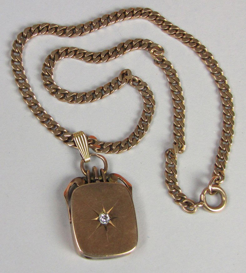VICTORIAN GOLD NECKLACE WITH DIAMOND SET LOCKET: 14k flat link necklace with rectangular, 10k locket set with small old mine cut diamond, 16"long, [21.2 dwt.] Estate of Katherine Seeler/Carol Ishimoto, ward of Katherine and Edgar Seeler