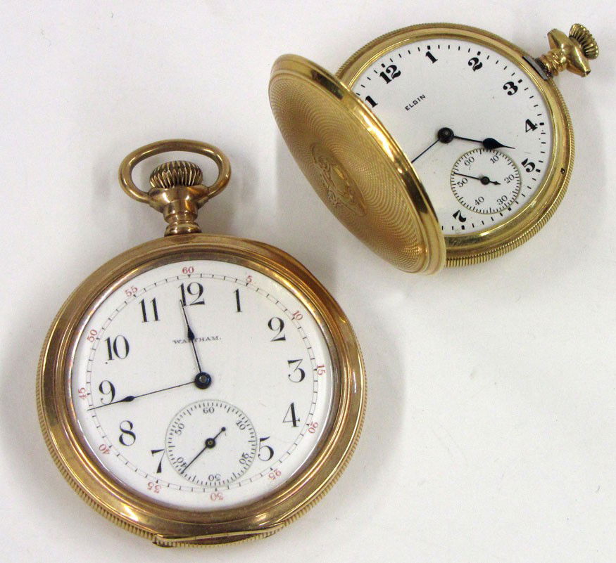 (on 2) 14K AND 18K GOLD POCKET WATCHES: 14k gold pocket watch, dial marked, Waltham, marked inside, Simons Bro. & Co. Phila. 140225; along with a ladies 18k gold hunting case pocket watch, dial marked, Elgin Estate of Carol Ishimoto, Cambri