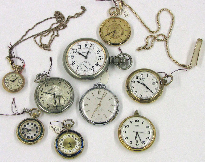 (on 9) VARIOUS POCKET/PENDANT WATCHES: one by Illinois Watch Co., an Elgin, a Seiko, a Pulsor, a Rutex, a Seiko Harvard College with chain; and three ladies pendant watches, two with enamel decoration, by Long's, Cortland and Colibei Estat