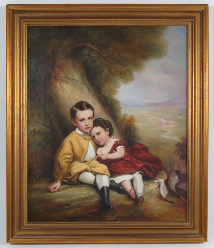 WILLIAM SHARP (American, 1839-1885): young brother and sister seated before a tree with landscape in distance sgn. l.r. W. Sharp, o/c, 24 by 20 in., gilt frame Estate of a Madison, New Jersey collector