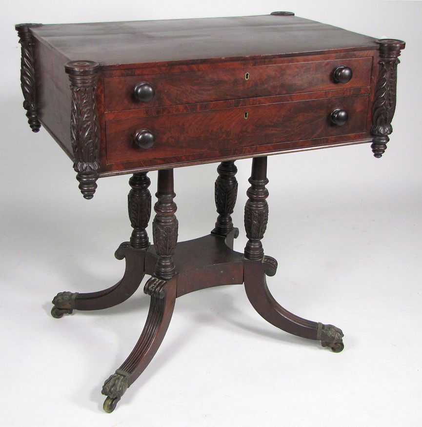FINE NEW YORK FEDERAL CARVED MAHOGANY WORK TABLE: attrib. Duncan Phyfe, in old surface rectangular top with acanthus carved turret corners, two drawer front, the top opening to reveal a writing surface, on four foliate carved posts, medial shelf with
