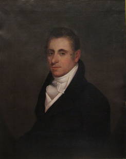attrib. EZRA AMES (American, 1768-1836): portrait of a seated gentleman, with ruffled white collar unsigned, o/c, 30 by 24 in., period gilt frame written on label on reverse: Mr. Tenbroeck of Albany ...by Ezra Ames Bolton & Cortelyou Prov.: