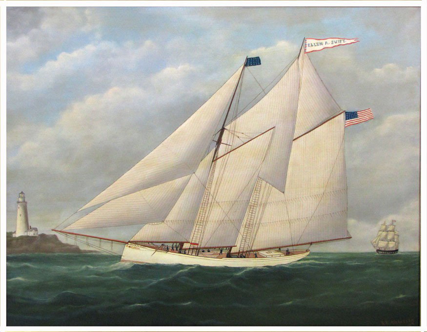 REGINALD EUGENE NICKERSON (American, 1915-1999): schooner, Ellen A. Swift sgn. l.r. R.E. Nickerson o/c, 28 by 36 in., framed
