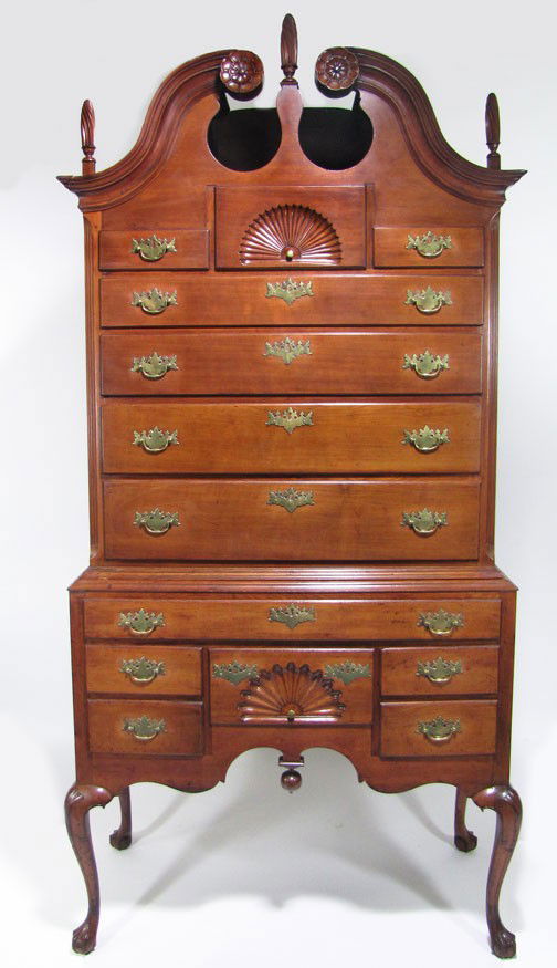 76 New England Chippendale Cherry Bonnet Top Highboy Jan 29