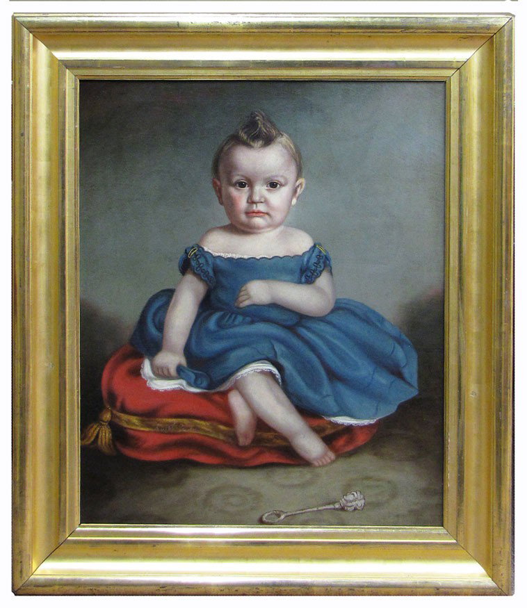 AARON DEAN FLETCHER (American, 1817-1902): portrait of young child in blue dress sitting on a pillow sgn. on pillow A. D. Fletcher, painter o/c, 28 by 23 in., gilt frame on reverse: A.D. Fletcher..Laporte? June 1857, also Ke..?..lle March 1862