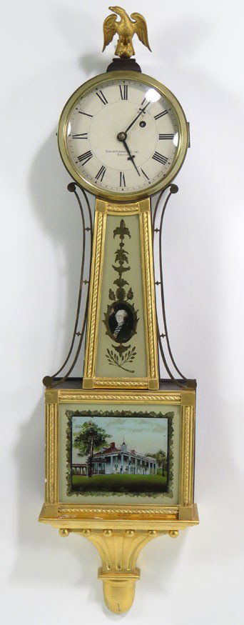 BIGELOW & KENNARD GILDED WEIGHT-DRIVEN BANJO CLOCK: on face, Bigelow & Kennard Co., Inc., Boston, MA eglomise throat and base panel with Geo. Washington and Mt. Vernon, 37”h