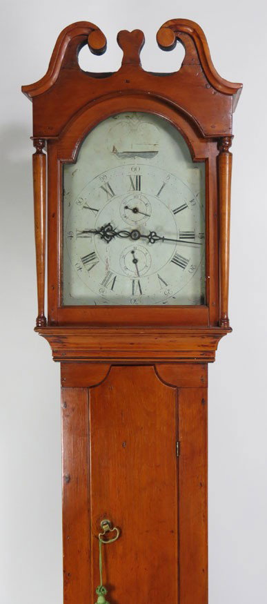 FEDERAL COUNTRY MAPLE AND PINE TALL CLOCK: hood with broken-arch top and centered heart, painted dial with Masonic emblem and faded nautical reserve, raised door and simple molded base, 81”h
