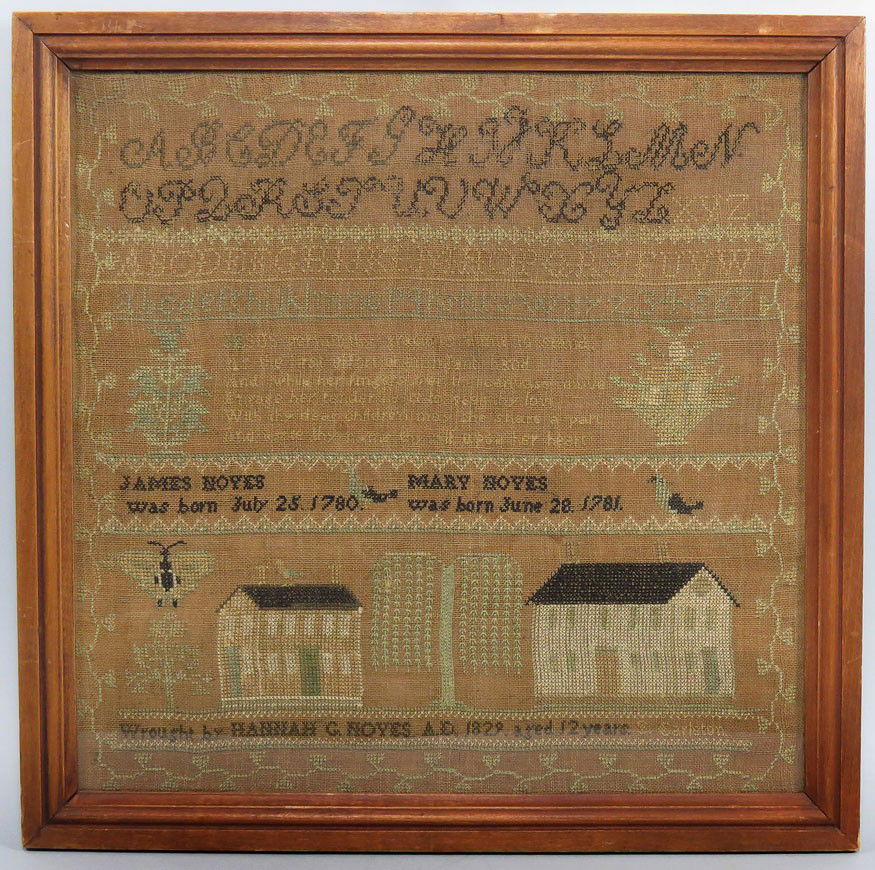19TH C. AMERICAN SAMPLER: various alphabets and homilies above two Federal houses, weeping willow and animals James Noyes was born July 25 1780 and Mary Noyes was born June 28, 1781 below is, Wrought by Hannah C. Noyes AD. 182