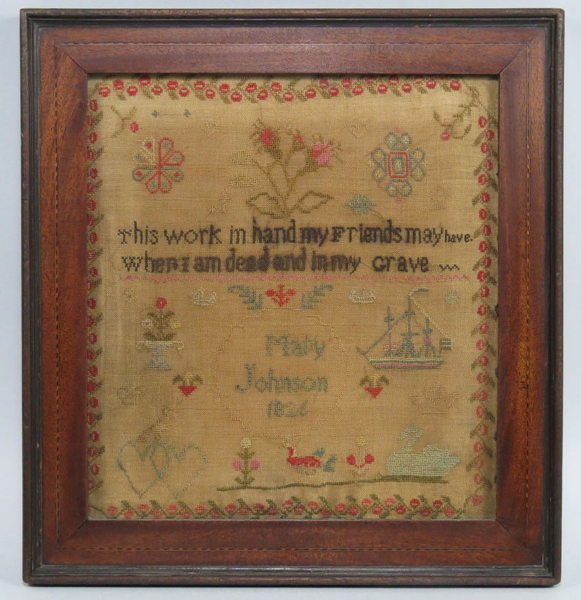 19TH C. AMERICAN SAMPLER: This work in hand my friends may have when I am dead and in my grave Mary Johnson 1826 decorated with ship, swan, potted plant and pair of hearts, etc. red floral vine border 12.5 by 11.5 in., line in