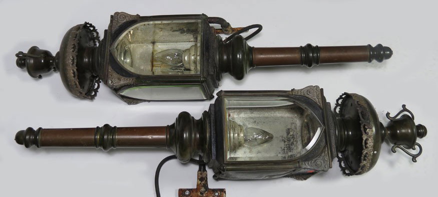 PAIR OF LARGE BRASS AND COPPER COACH LANTERNS: 19th c., with beveled glass, 39”h; 7.5”w; 8”d from a Hamilton, MA estate