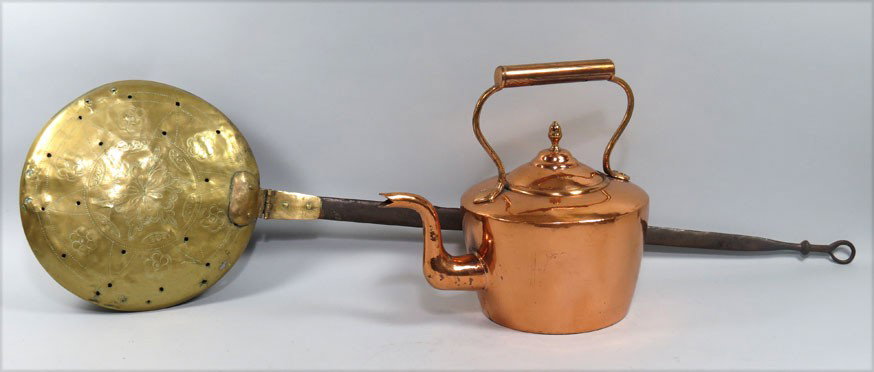 (on 2) 18TH C. COPPER KETTLE AND A BRASS BED WARME: kettle with shaped handle, gooseneck spout, signed in oval stamp, Maurice Coh....& Co. London, 12”h; bedwarmer with brass decorated cover and wrought iron handle with hook end, 42”long