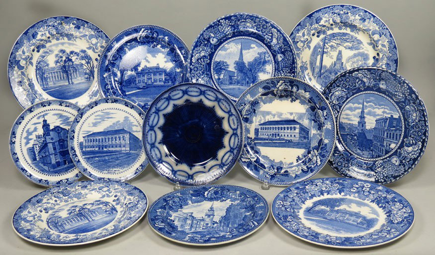 (on 12) VARIOUS BOSTON HISTORICAL BLUE AND WHITE: Wedgwood inc. (3) Harvard University, (2) Longfellow House, Cambridge, Boston Public Library, Old North Church; (2) Staffordshire The Elm at Cambridge and Boston Old South Church; (2) Adams & Sons, Bo