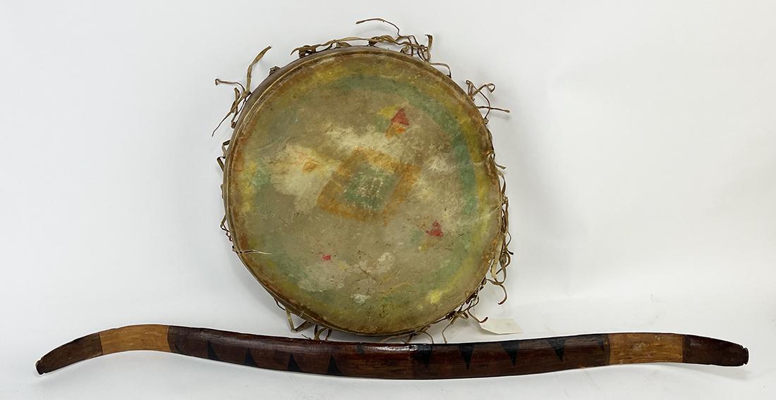 (2) NATIVE AMERICAN OBJECTS, PAINTED BOW AND DRUM (1 of 1)
