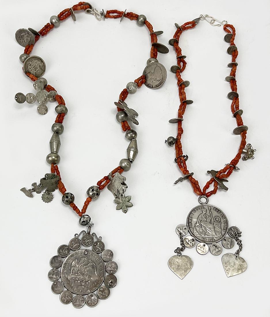 (2) ANTIQUE BEADED CORAL NECKLACES / CHACHALES (1 of 3)