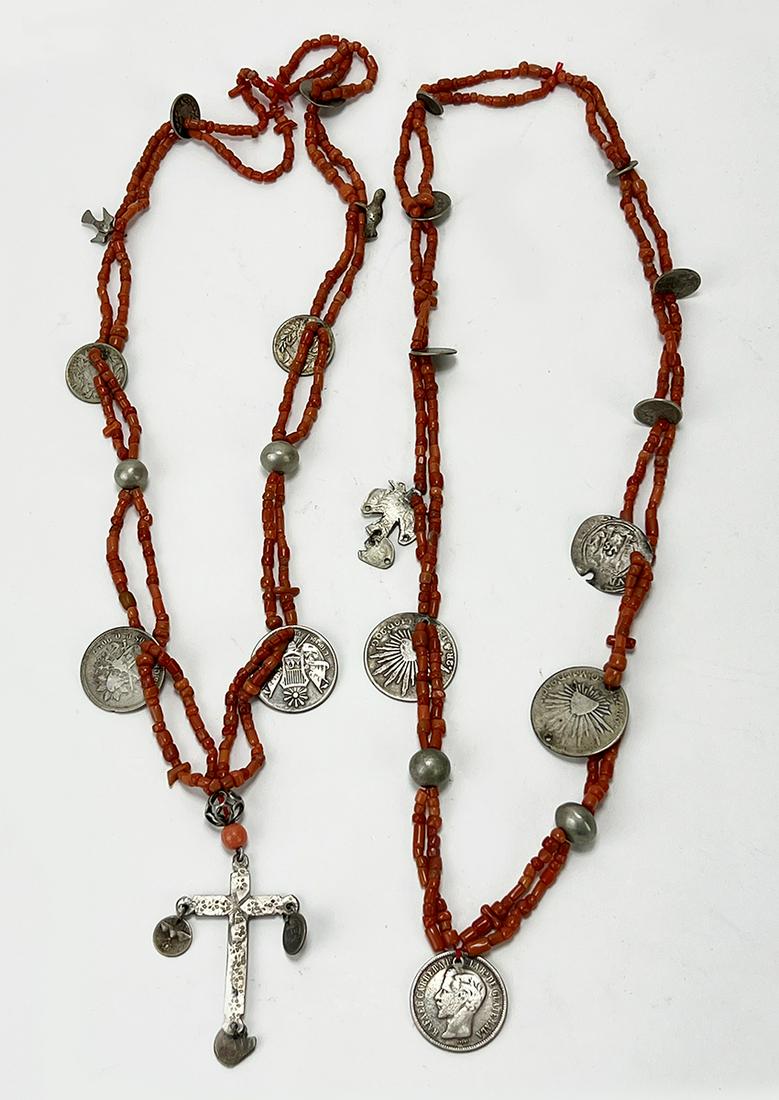 (2) ANTIQUE BEADED CORAL NECKLACES / CHACHALES (1 of 1)
