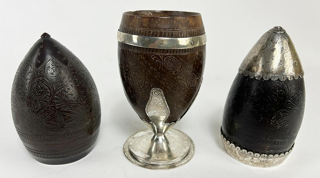 (3) SPANISH COLONIAL CARVED COCONUT CHOCOLATE CUPS (1 of 1)