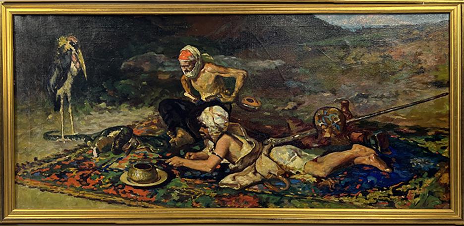 EUROPEAN, 19th c.: ibis watching snake charmers feeding their snake unsigned, o/c; 23 by 50.25 in.; framed, 26.5 by 54 in From a Private East Coast CollectionNOTE: Apologies, we cannot appr