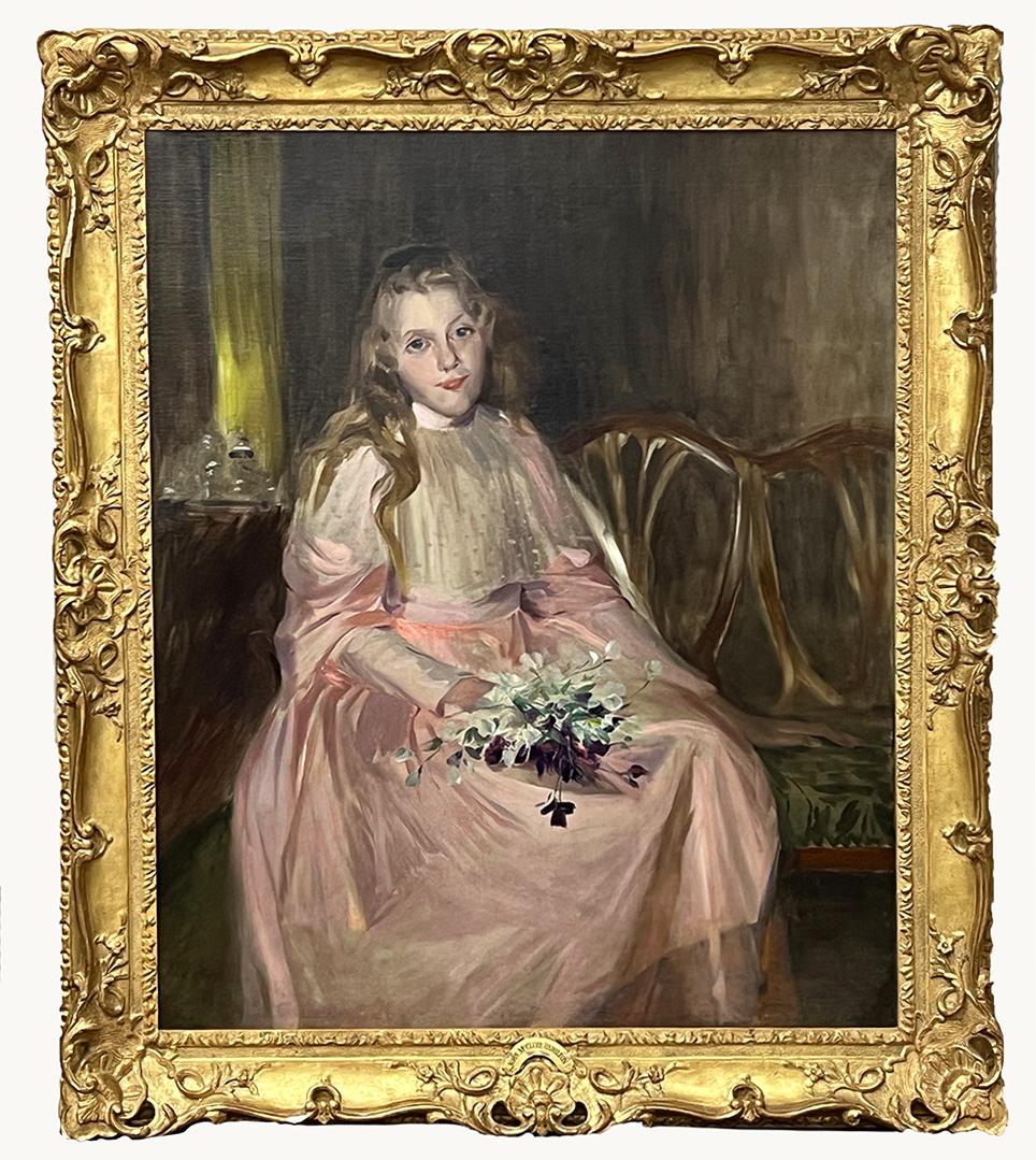 JOHN MCLURE HAMILTON (American, 1853-1936): portrait of a girl in pink dress, holding a bouquet of violets o/c (wax reline); 43 by 35.5 in.; framed 52 by 45 in. artist identified by plaque From a Private East Coast Collecti