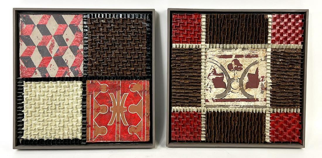 (pair) FERNANDO VELLOSO (Brazil, b. 1968): quadrant assemblages sgn. and dated on reverse 2013, each consisting of four squares-two painted, two with applied, three-dimensional metal points, mixed media relief w/ acrylic, enamel, metal and woo