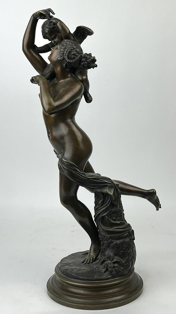 CHARLES AUGUSTE FRAIKIN (Belgian, 1817 - 1893) BRONZE: L'Amour Captif nude with winged cherub on shoulder sgn. on base FRAIKINS, with foundry mark on other side