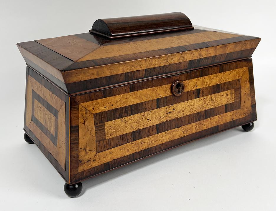 ENGLISH WILLIAM IV INLAID BURL TEA CADDY (1 of 2)