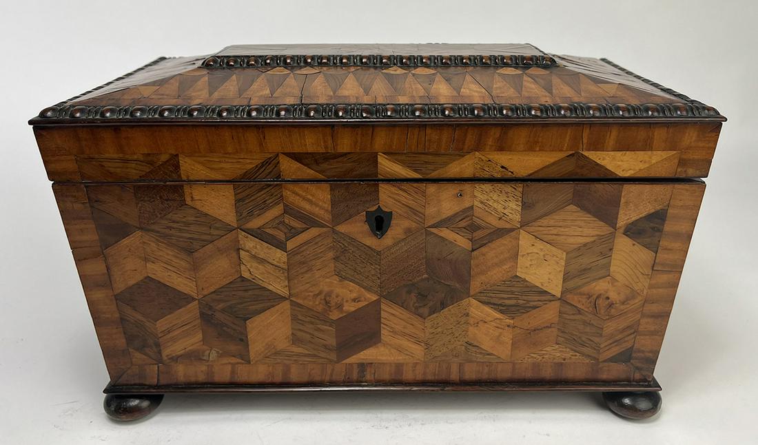 ENGLISH GEOMETRIC INLAID DOUBLE TEA CADDY (1 of 3)