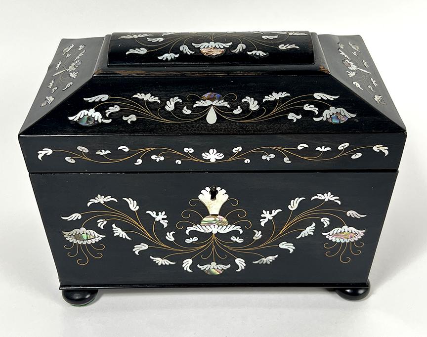 ENGLISH EBONIZED MOTHER-OF-PEARL INLAID TEA CADDY (1 of 2)