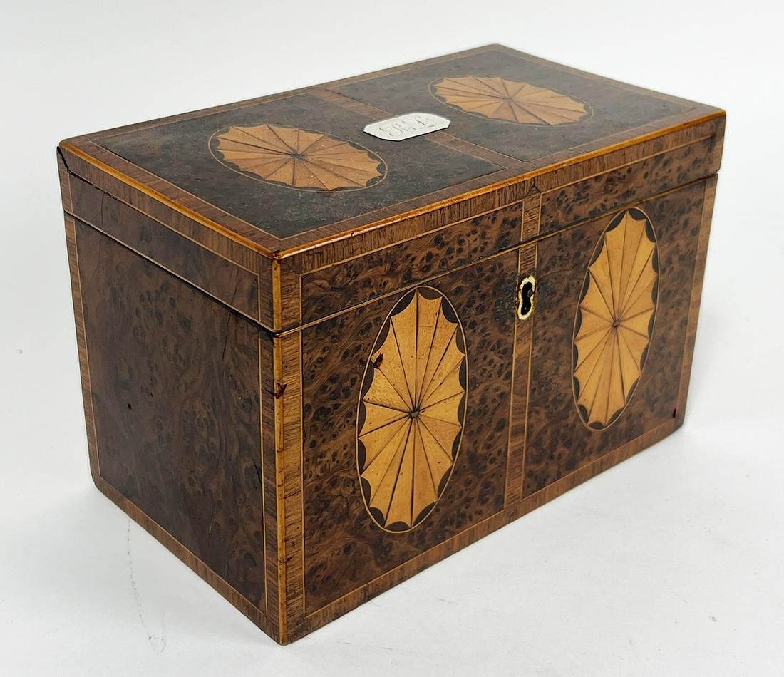 ENGLISH GEORGIAN INLAID BURL WALNUT TEA CADDY (1 of 2)