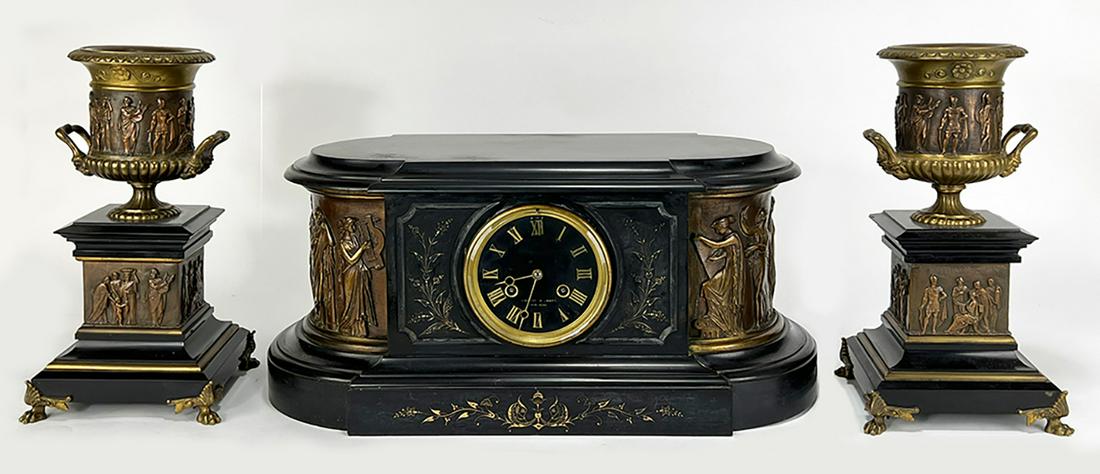 THREE PIECE TIFFANY SLATE AND BRONZE CLOCK SET (1 of 6)
