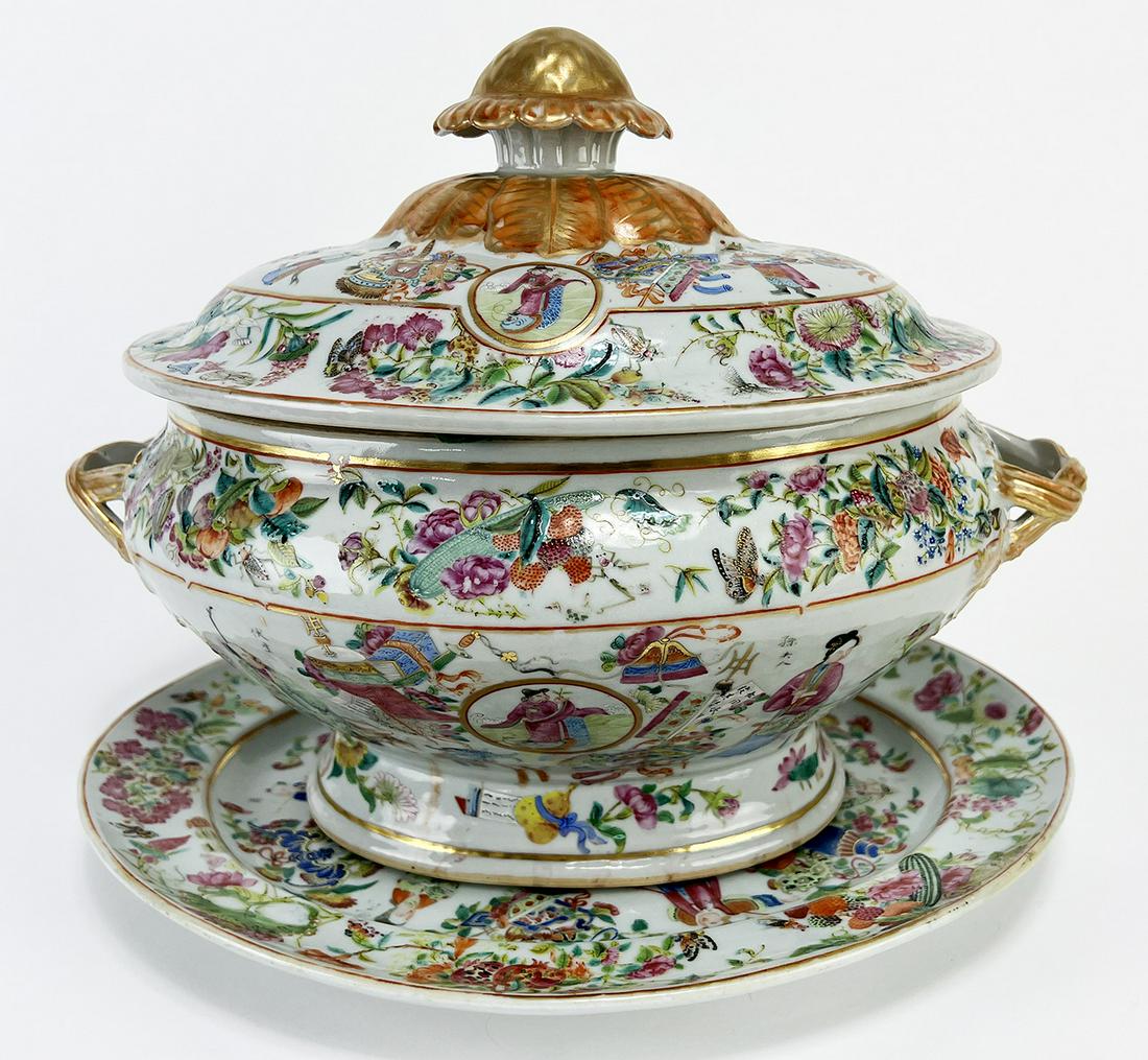 CHINESE EXPORT PORCELAIN ROSE MEDALLION TUREEN WITH UNDER TRAY (1 of 1)