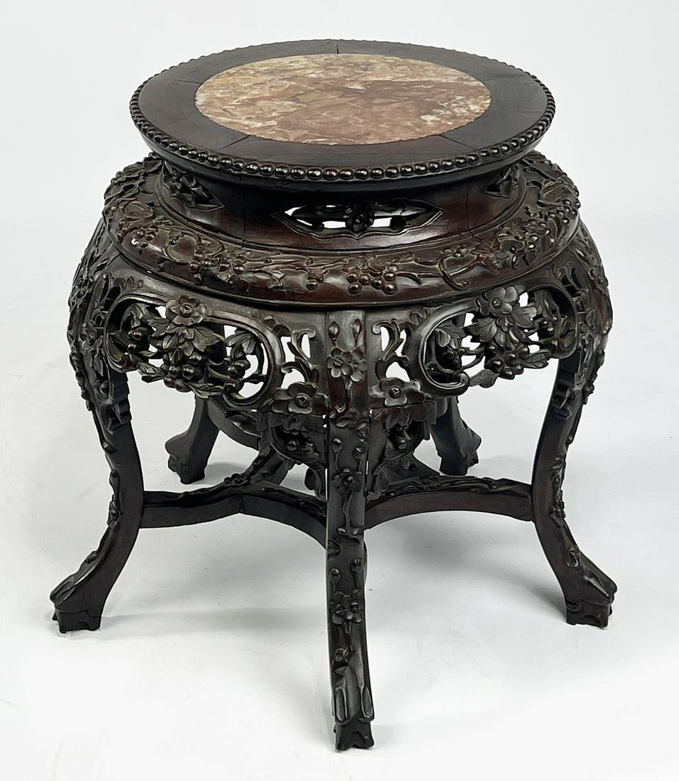 CHINESE CARVED HARDWOOD MARBLE TOP LOW STAND (1 of 1)