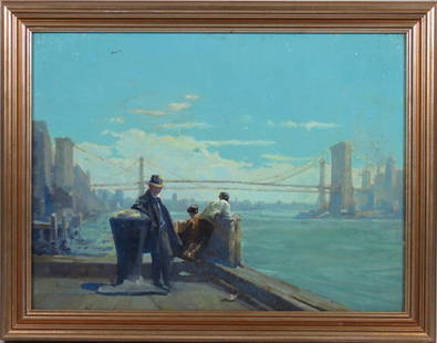 LEE LASH (American, 1864-1935): figures on a pier, Brooklyn Bridge in distance sgn. on reverse in pencil Lee Lash and No. 62 o/b, 12 by 16 in., framed