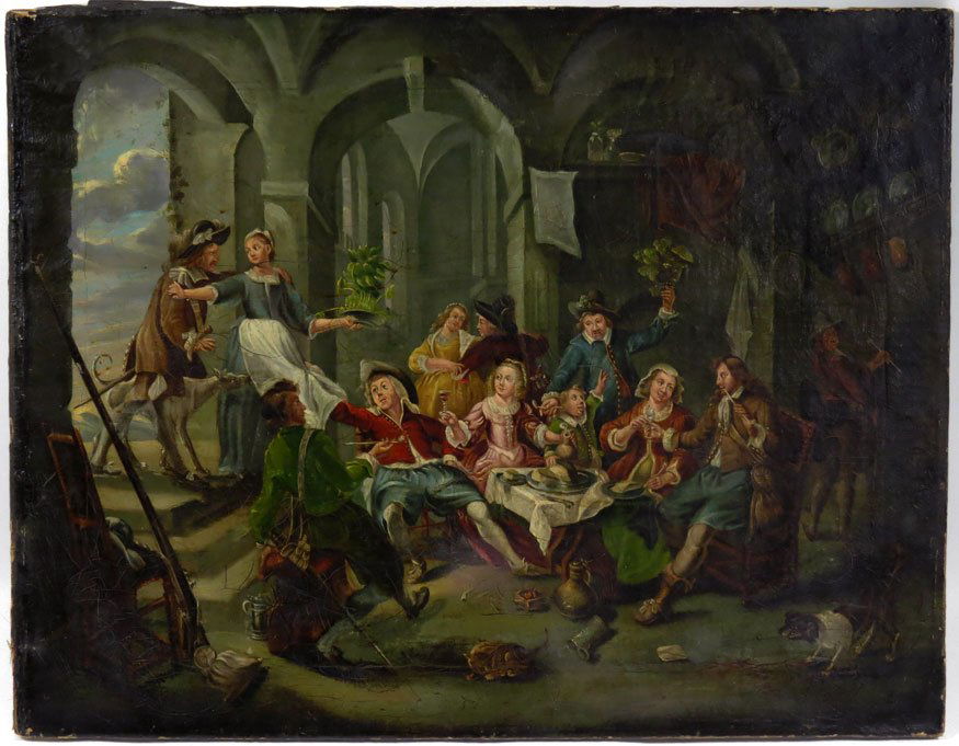 school of WILLIAM HOGARTH (British, 1697-1764): rowdy lords and tavern wenches unsigned, o/c, 24 by 31 in., unframed