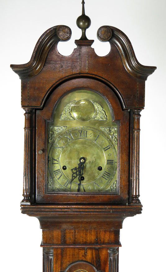 GEORGIAN-STYLE MAHOGANY GRANDMOTHER CLOCK: c. 1900, brass dial sgn. John Thompson London with Westminster chimes, 57.5”h; bottom 10.5”w; 8”d