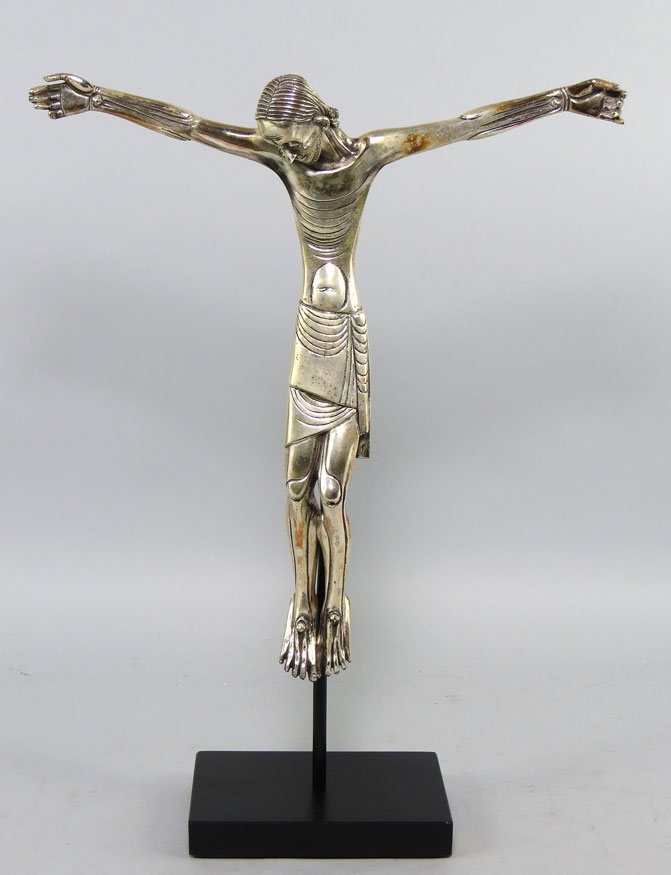 20TH C. BRONZE, CHRISTO MORTO: JEAN LAMBERT-RUCKI (French, 1888-1967) sgn. J Lambert-Rucki silvered bronze, sculpture measures 16”h; 15”w, mounted on iron base