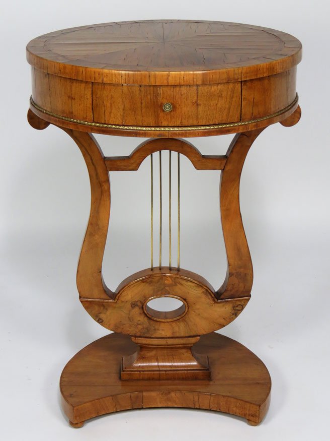 BIEDERMEIER INLAID FRUITWOOD OCCASIONAL TABLE: round top with drawer, on lyre support mounted on concave platform base, 29”h; 20”diam.