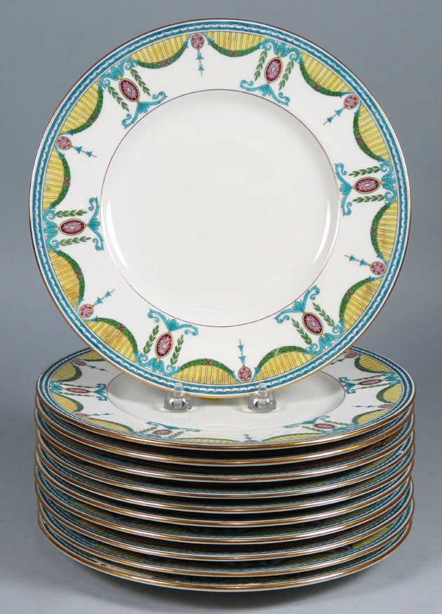 (on 10) ENGLISH MINTON PORCELAIN DINNER PLATES: Minton for J. Caldwell, Philadelphia, blue, green and swag border, 10” diam.