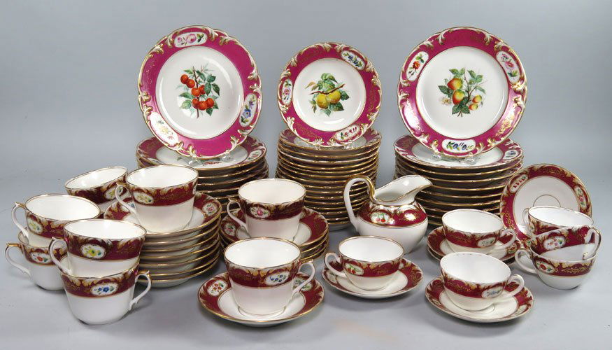 MATCHES THE ABOVE: (on 69 ) PARIS PORCELAIN: consisting of (20) luncheon plates, 8.5”diam.; (16) dessert plates, 6.5”diam.; (12) large saucers and (9) coffee cups; (5) saucers and (6) tea cups; and a creamer