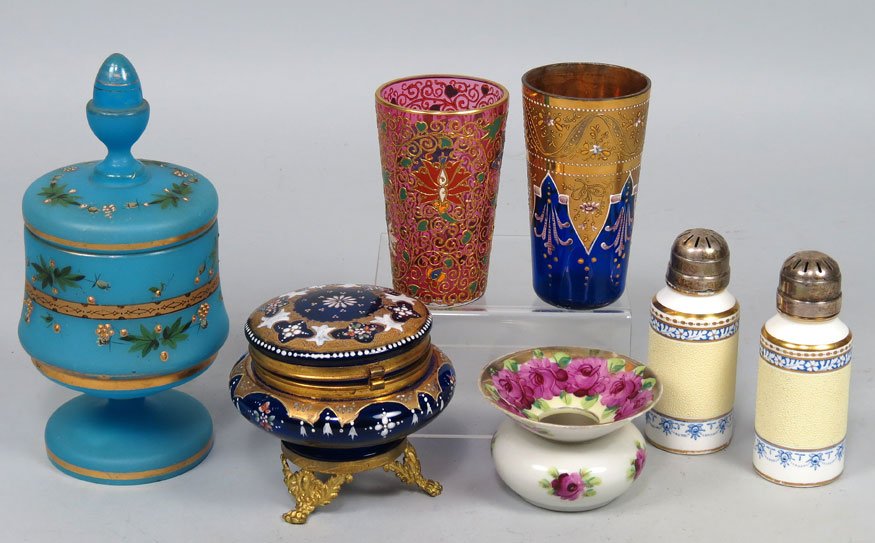 (on 7) LOT OF UNRELATED ITEMS: two Moser-type enameled glass tumblers; enameled glass ring box on footed metal frame; Bristol glass covered jar; small porcelain ladies spittoon; and pair of Minton salt shakers