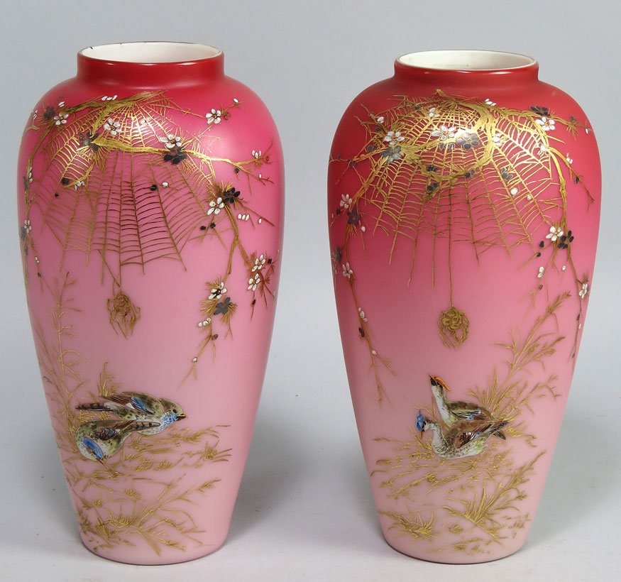 PAIR OF WEBB PEACHBLOW GLASS DECORATED VASES: maker: Thomas Webb, Stourbridge, England, c. 1880 decorated with raised burnished gilding of bird, spider web and spider, 10.5”h