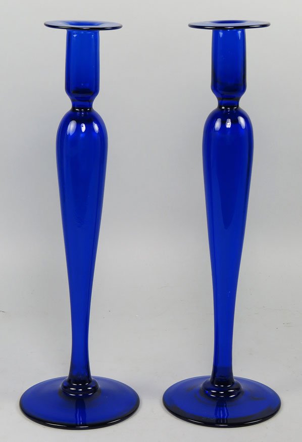 PAIR OF TALL COBALT GLASS CANDLESTICKS: prob. Pairpoint, 16”h