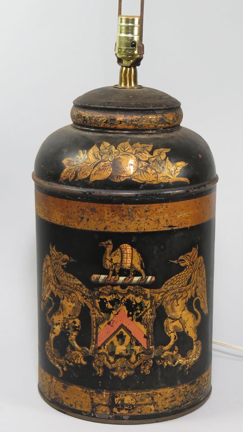19TH C. CHINESE TIN TEA CANISTER LAMP: black with gold banding and with double griffin crest on front, 16”h