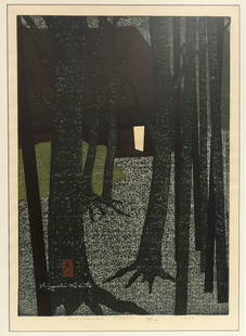 JIKISHI-AN KYOTO (Japanese, 1907-1997) WOODBLOCK: house in dark forest sgn. in pencil Jikishi-an Kyoto/1967 / 42/100; also red seal and artist signature within image woodblock print; image 20.75 by 14.75 in.